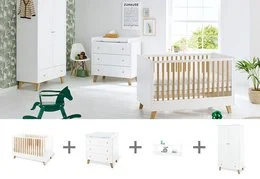 A modern, minimalist nursery set including a crib, changing unit, wardrobe, and wall shelf in a neutral color palette. The crib features a slatted wooden design with a clean, contemporary style.