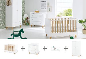 Kinderzimmer 'Pfanne' breit, inkl. Wandregal
4-teilig: Kinderbett, breite Wickelkommode, 2-türiger Kleiderschrank, Wandregal