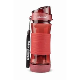 A sustainable drinking bottle in a vibrant red color, designed for tea brewing. The bottle features a tea strainer and is made of durable materials.