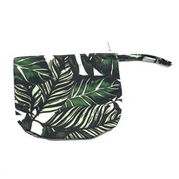 Tropical leaf-patterned toiletry bag made of durable, water-resistant material. Features a zippered closure and a hanging loop for easy storage.