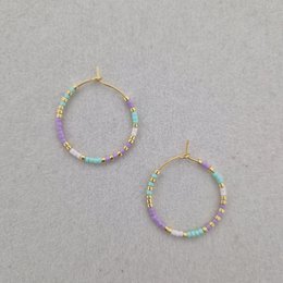 Lilac turquoise beaded hoop earrings, gold silver, Miyuki beads, colorful circular design.