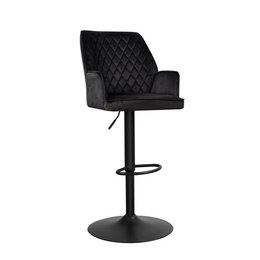 Swivel bar stool with black velvet upholstery and a quilted diamond pattern design. Adjustable height from 64 to 120 cm, seat width 54 cm.