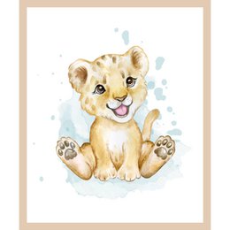  A cute, illustrated image of a baby lion cub. The image features a young lion with large eyes and a friendly expression, sitting on a light background with soft colors and textures. This would make a charming addition to a nursery or child's room decor.