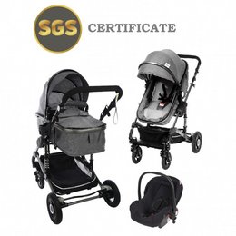 This 3-in-1 baby stroller from Fontana features a sleek, modern design with adjustable handle, reversible seat, and shock absorbers for a smooth ride. Available in black, grey, brown, and red color options.