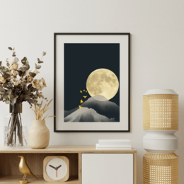 "Minimalist poster featuring golden moon over dark mountain, modern wall art, black frame, neutral aesthetic"