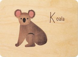 Wooden card with a koala illustration and the word "Koala" written below.