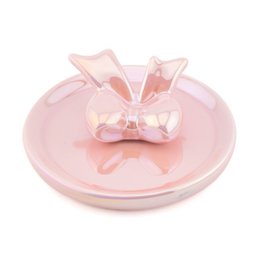 Pink ceramic jewelry tray with bow design, round shallow dish for rings and necklaces