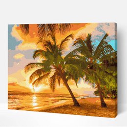 Vibrant tropical sunset scene with palm trees silhouetted against an orange sky, reflected in the calm waters of the beach.