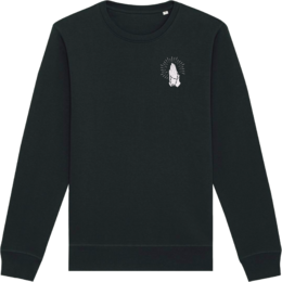  Black long sleeve sweatshirt with praying hands graphic design and cycling religion text print