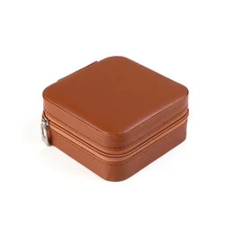 Rectangular orange jewelry box with zipper closure, suitable for storing and transporting jewelry items while traveling.