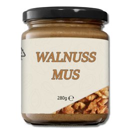 Walnut spread, 280g jar. Creamy, nutty walnut spread made from high-quality walnuts.