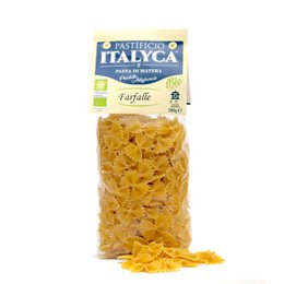  Organic artisanal farfalle pasta from Italy, made with 100% Italian ingredients. The pasta has a golden yellow color and a traditional bow-tie shape.