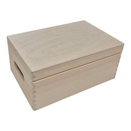  Small wooden storage box with lid, suitable for organizing and storing items in a home or office environment.