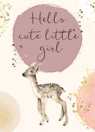 A cute, illustrated postcard featuring a young deer and the text "Hello cute little girl" in a handwritten style.