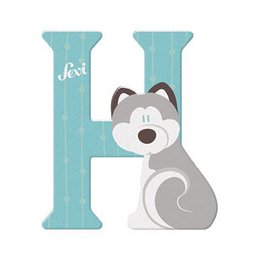  Wooden letter 'H' with a cute husky dog design, part of the 'Dierenletter' wooden toy collection. The letter is painted in a light blue-green color with the dog's face peeking out.