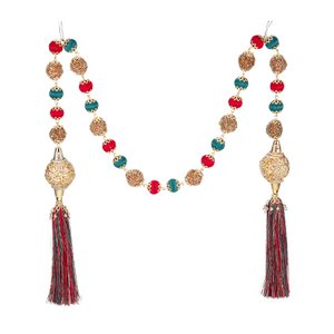 YARN BALL/BEAD.TASSEL GARLAND GRN/RD/GLD 105CM