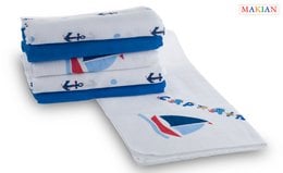 Soft, absorbent, and Oeko-Tex certified cotton swaddle blankets in a nautical blue and white design with sailboat graphics.