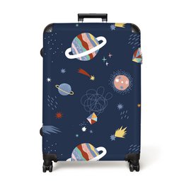  Lightweight suitcase with space-themed design, featuring planets, rockets, and other celestial elements. Suitable for children and boys, with a 4-wheel roller design for easy mobility.