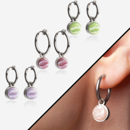 Silver clip hoop earrings with interchangeable stone-colored charms in various colors including apricot, azurblau, graphitgrau, and more. Mix and match the earrings to create your desired look.