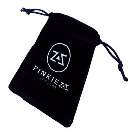 Black gift bag with Pinkiezz logo. Drawstring closure for easy access.
