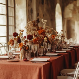 Linen tablecloth in various sizes and colors including storm blue, stone green, cinnamon red, spicy yellow, pure white, shadow purple, and natural. Available in square and rectangular shapes.