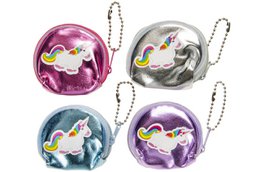 "Mini wallet unicorn design, round shape, multiple colors: pink, purple, blue, gray, metallic finish, keychain attachment"