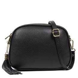  A black leather shoulder bag with a zipper closure, adjustable strap, and tassel detail. The bag features a structured, rectangular shape and a minimalist design.