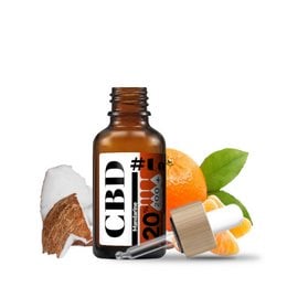CBD oil 20%, mandarin synergy - Amber glass bottle with dropper, contains CBD oil infused with mandarin orange flavor.