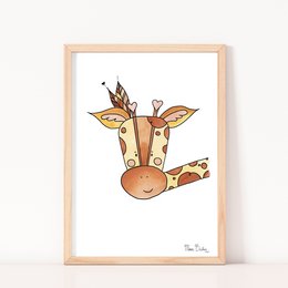 A colorful illustration of a friendly giraffe, perfect for a kids room poster. The giraffe has a warm, playful expression and features details like large eyes, long neck, and spotted pattern.