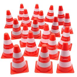 Set of 20 orange-white warning cones, each 17 x 13 x 13 cm, for use in construction or traffic control.