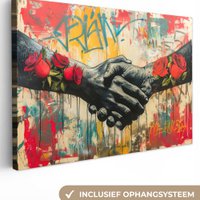 Canvas schilderij - Wanddecoratie Graffiti - Rozen - Handen - Street art - Muurdecoratie woonkamer - Slaapkamer decoratie - Kamer accessoires - Schilderijen op canvas
