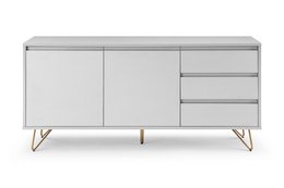  A modern sideboard with 2 doors and 3 drawers, made of light gray wood with metal legs. The sideboard has a clean, minimalist design that would suit a variety of interior styles.