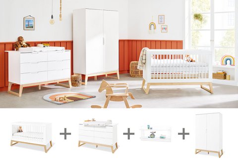Nursery 'Bridge' extra wide, incl. wall shelf
4 parts: cot bed, extra wide changing unit, 2-door wardrobe, wall shelf