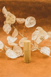 Wooden bottle with essential oil on orange background with dried leaves.