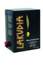 5 liter extra virgin olive oil in a bag-in-box packaging. High quality olive oil with nutritional information provided.