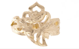  Delicate floral ring with intricate carved design in a stacked style. Available in sizes 48-60.