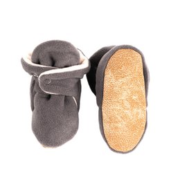  Soft, cozy grey baby booties with a textured sole for infants 6-36 months.