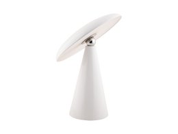  A modern, white table lamp with a sleek, cone-shaped base and a round, adjustable shade.