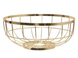  Open grid fruit basket made of gold-toned metal with a circular shape and a woven design.