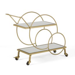  A gold-colored metal bar cart with two glass shelves and casters for mobility. The cart has a circular, arched design with curved handles on the sides.