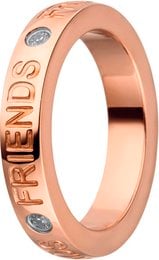 Rose gold stainless steel ring with engraved text "Friends" and diamond accents, suitable for stacking with other rings.
