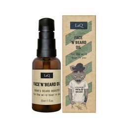  Face 'n' Beard Oil, a 30ml beard oil product from the brand LiQ, featuring a wild boar illustration on the packaging. The oil is designed to nourish and condition facial hair.