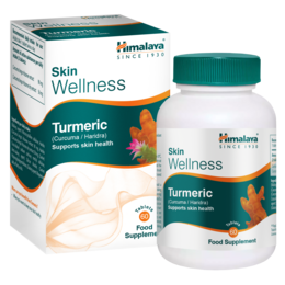  Himalaya turmeric supplement tablets, white bottle with teal green cap, skin wellness formula, 60 tablets.