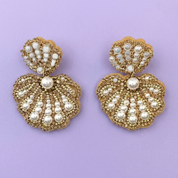  Gold pearl shell statement earrings, round fan-shaped design, white pearl beads, elegant luxury jewelry