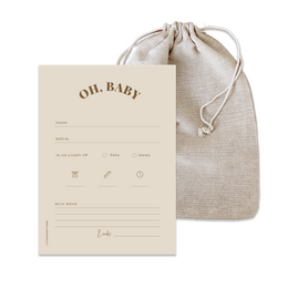 Beige baby shower cards with a drawstring linen bag. The cards feature a simple "Oh, Baby" text design and provide space to fill in details about the baby shower.