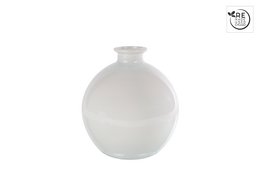  A round, white glass vase measuring 16x16x18cm.