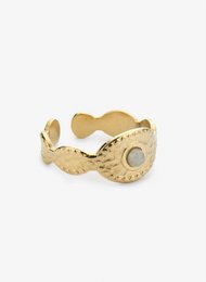 Gold-colored statement ring with textured design and circular accent.