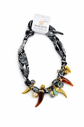 Black fabric beads chain necklace with gold and red spike charms, statement jewelry accessory