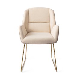  Mustard yellow upholstered dining chair with metal frame legs.