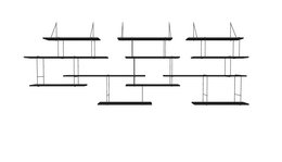 Black modular shelving unit with multiple compartments and shelves for storage and display.